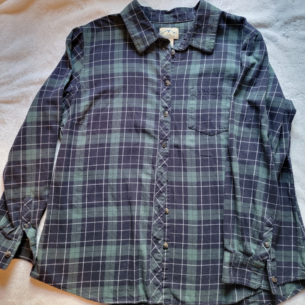 Blue Mountain Mens Cotton Flannel Blue Green Plaid Long Sleeve Shirt XL